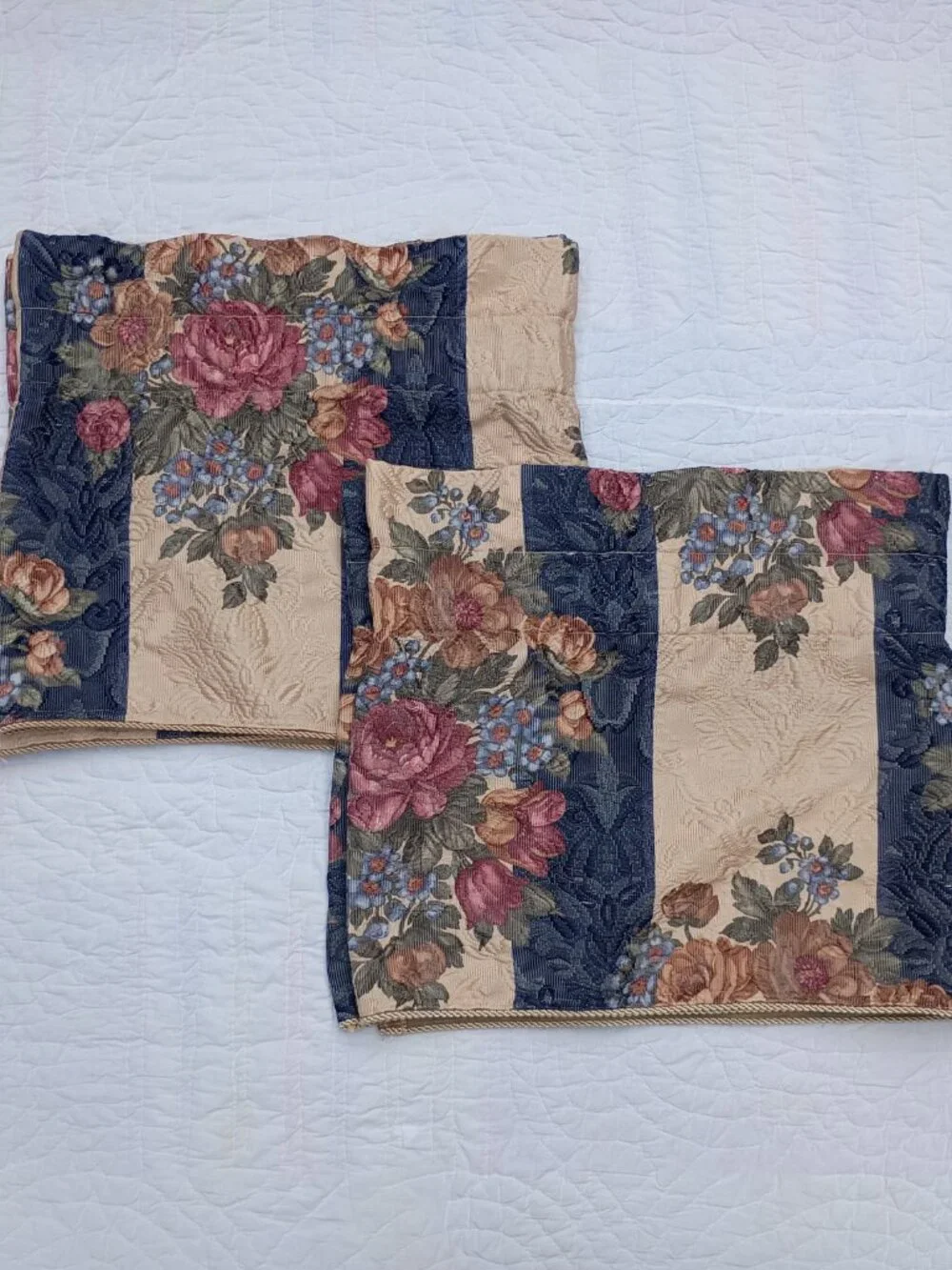 Vintage JC Penney Curtain Valances Heavy Tapestry Blue Beige Floral Stripe PAIR